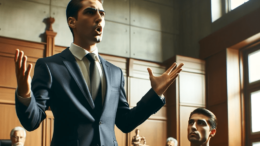 image depicting the inside of a courtroom, focusing on a confident attorney in a suit standing behind the defense table, hands raised in a mid-gest