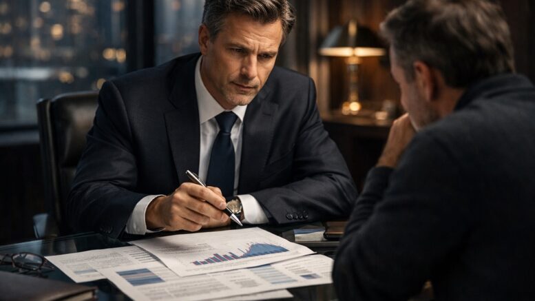 Lawyer in a modern office reviews financial documents with a concerned client during a serious consultation.